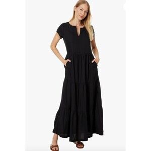 Pact Women's Sunset Light Gauze Notch Neck Dress Tiered Maxi Black Size XS